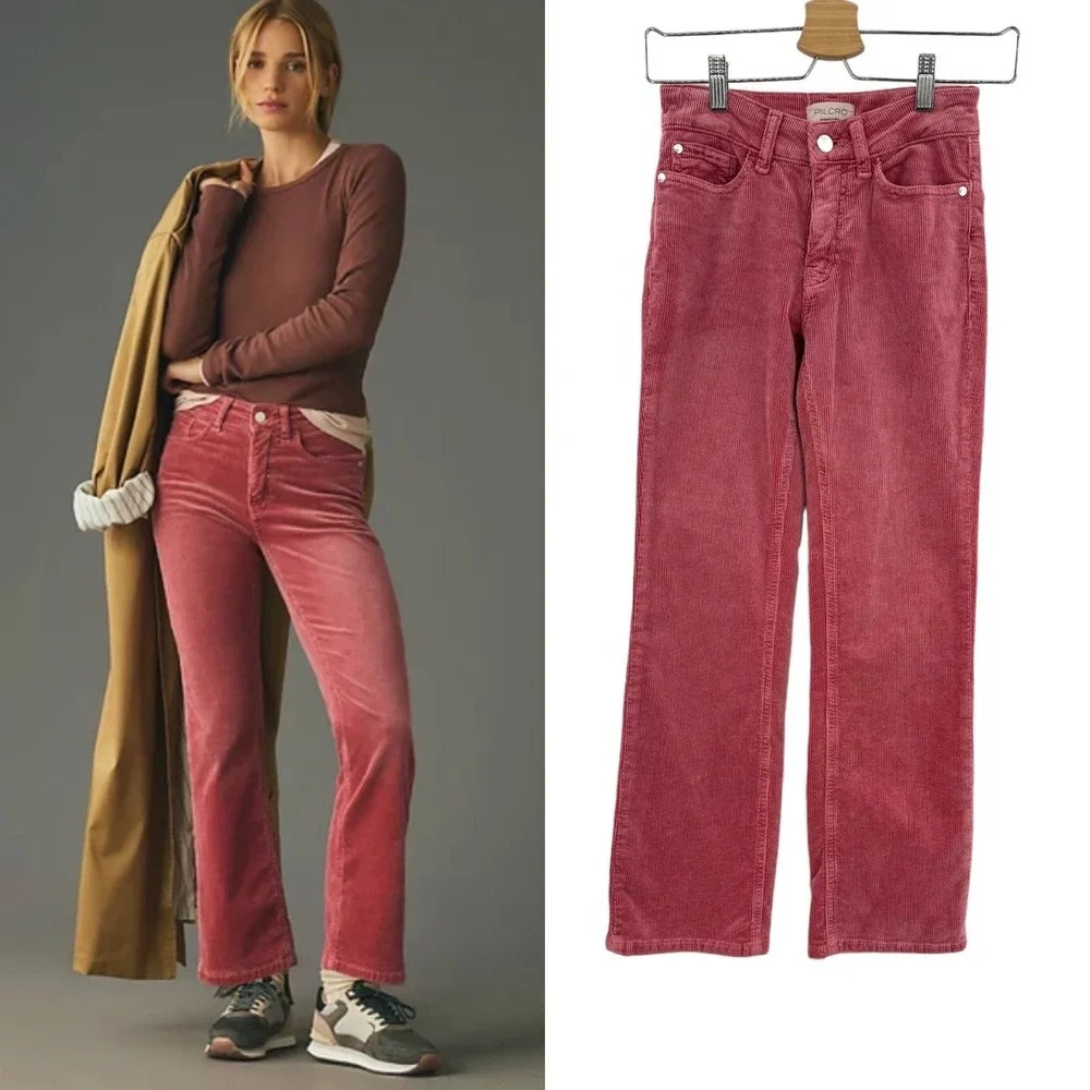 Anthropologie Pilcro‎ The Yaya Corduroy Pants Mid-rise Crop Flare Pink Size 24